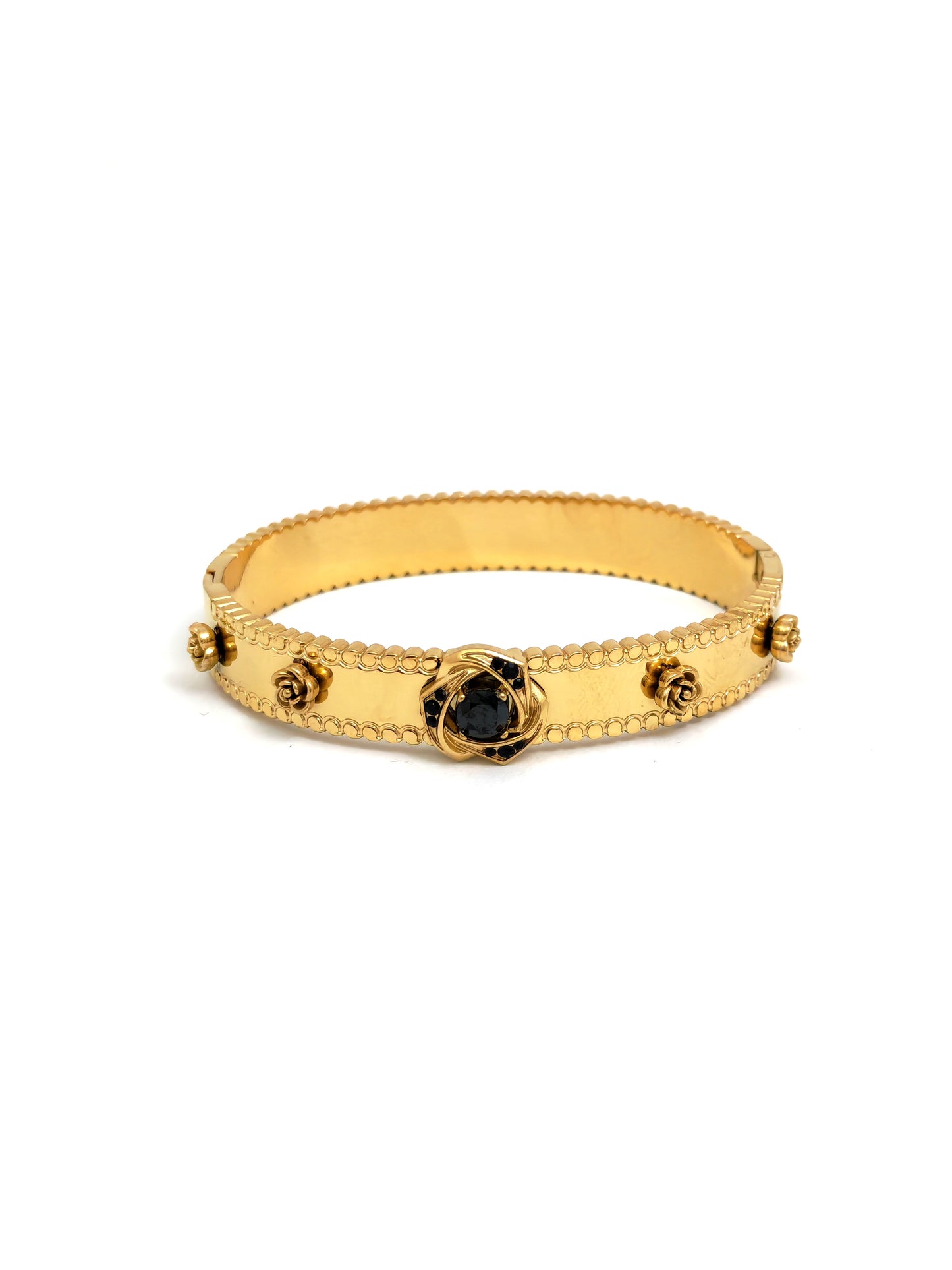 FLOWER STAINLESS BANGLE - BLACK STONES