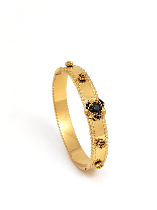 FLOWER STAINLESS BANGLE - BLACK STONES