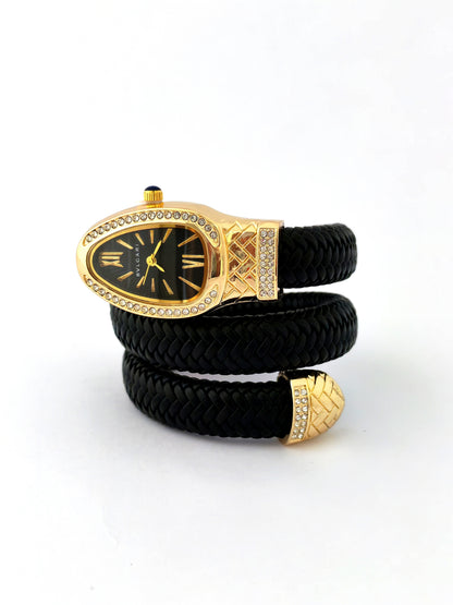 TRENDY BVLG SNAKE FASHION WATCH - BLACK LEATHER